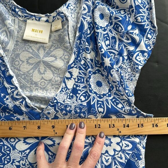 Maeve Anthropologie Sz XS Catie Ruffle-Sleeved‎ Tee Blouse Top Blue Motif Boho - Picture 13 of 14